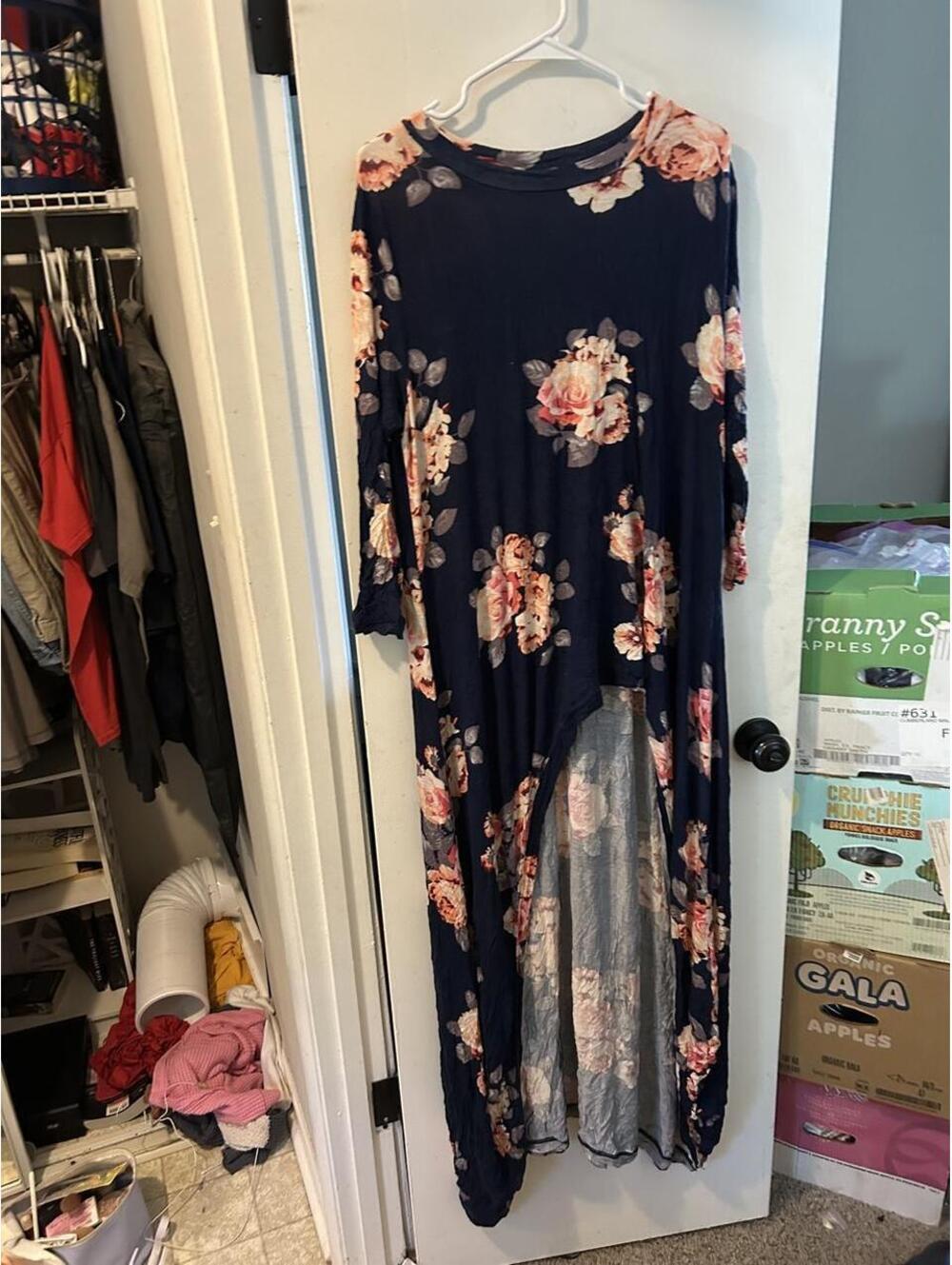 Annabelle navy blue floral maxi hi-low dress with pink and peach roses, size L